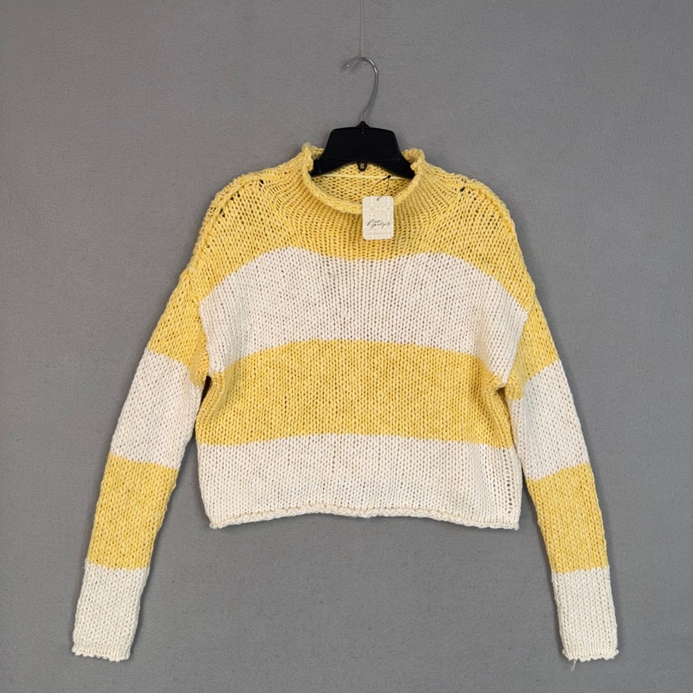 Free People Sweater Womens Small Yellow Striped Chunky Knit Mock Neck Boho NWT